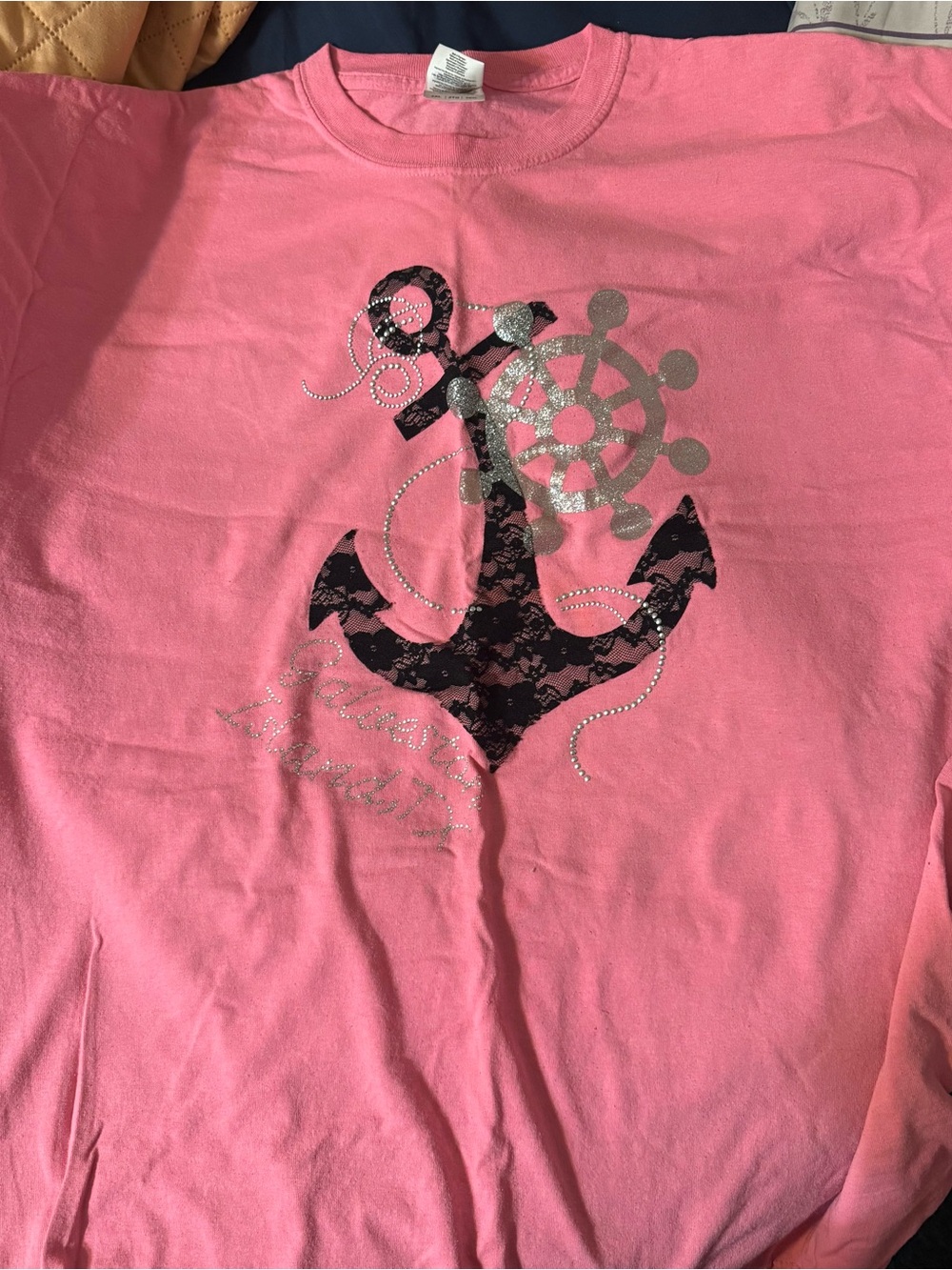 Gildan Pink Long Sleeve Tee with Black Anchor and Silver Wheel
